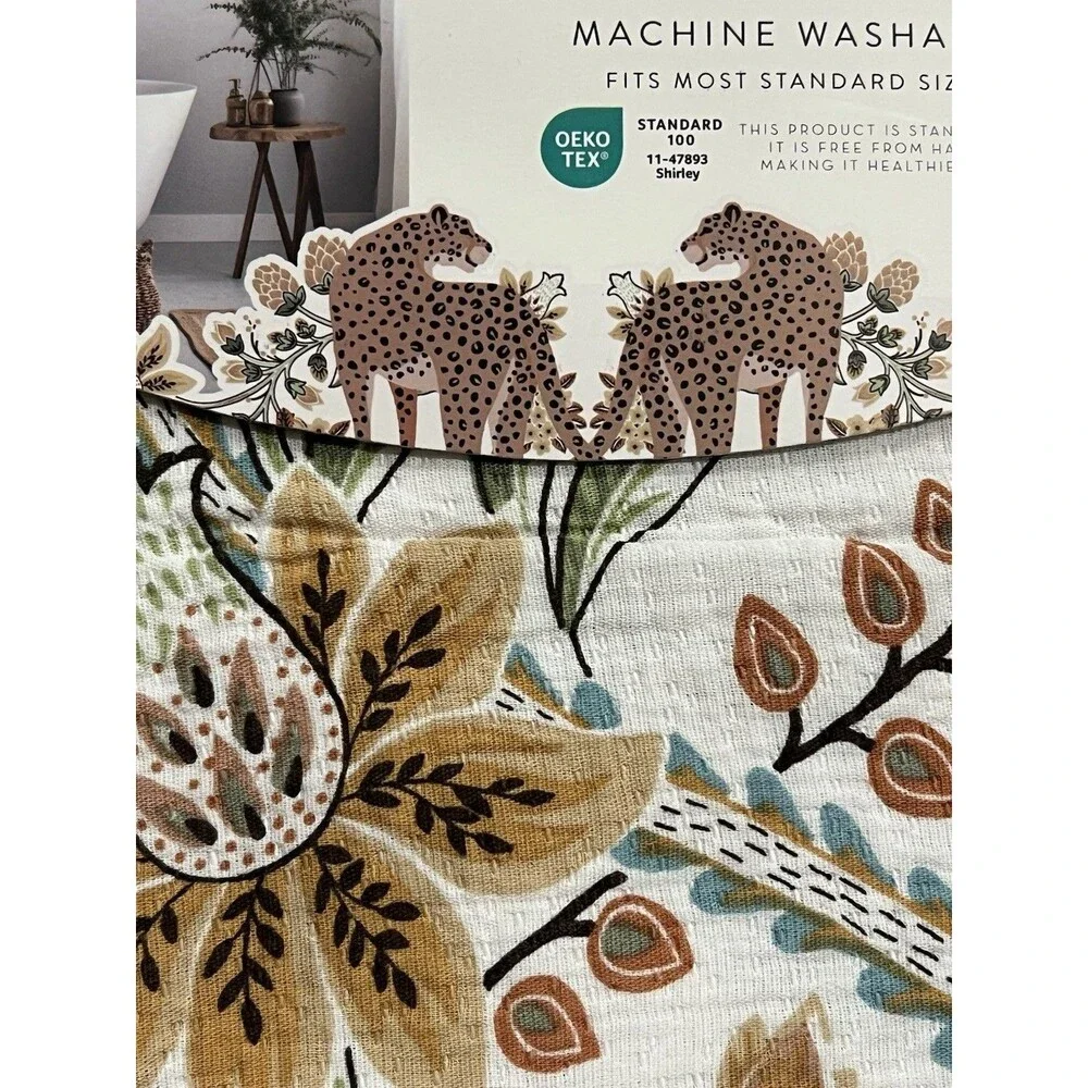 VESELKA HOME SHOWER CURTAIN 100% COTTON Cheetah Brown Floral Trim Detail New